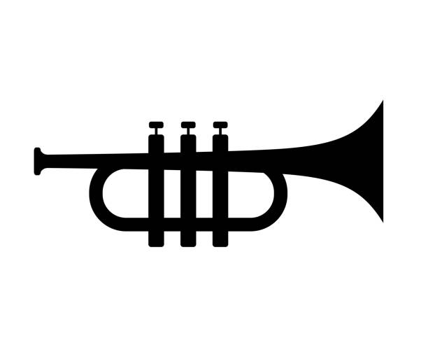 trompeten-silhouetten-ikone, blasinstrument - trumpet bugle cornet cartoon stock-grafiken, -clipart, -cartoons und -symbole