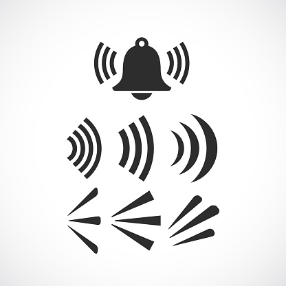 Ringing bell and sounds waves vector icons on white background
