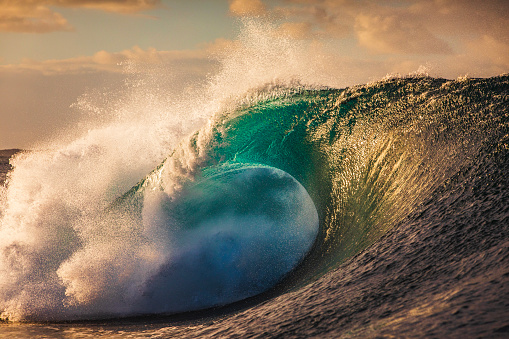 Close up to a powerful open ocean wave breaking on reef with dramatic golden light. Shot off the south west coast of Australia.