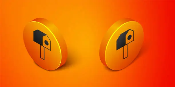 Vector illustration of Isometric Bird house icon isolated on orange background. Nesting box birdhouse, homemade building for birds. Orange circle button. Vector