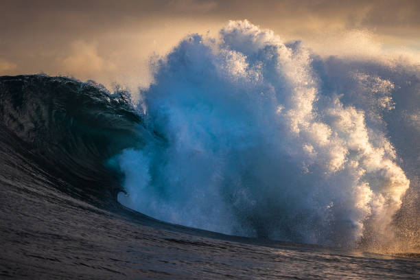 istock Powerful wave breaking on reef in the ocean with soft golden light and dramatic sky 2001971973