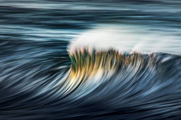 istock Slow shutter blur of smooth wave breaking on reef in the ocean with ambient golden light 2001999729