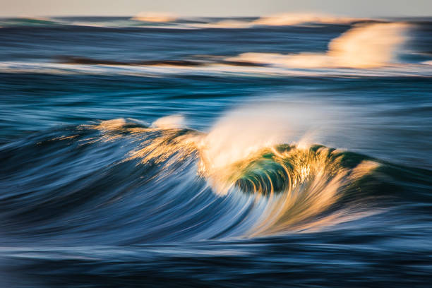 istock Slow shutter blur of smooth wave breaking on reef in the ocean with dramatic golden light 2002003364
