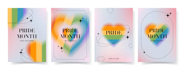 Set of trendy aesthetic posters for Pride Month Set of trendy aesthetic posters for Pride Month. Blurry gradient posters of Pride Month with LGBTQ Flag Colours. Human rights and tolerance concept. Trendy minimalist Y2k style vector illustration. pride month rainbow stock illustrations