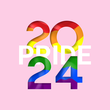Pride Month 2024 card. Symbol of Pride Month with LGBTQ Flag Colours. Human rights and tolerance concept. LGBTQ background with rainbow number 2024. Vector illustration for promo, card, social media