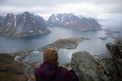 Reine, Lofoten, Norway. Arieal view of the small fishing village know from commercial fishing and dried air-dried cod