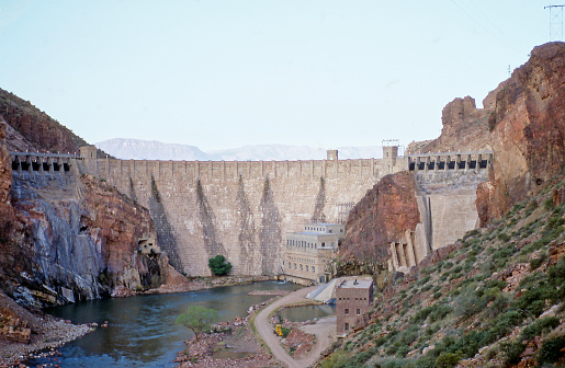 Theodore Dam near Phoenix, Arizona, USA. The dam was originally built with rubble and masonry, as seen here, before being heightened and faced with concrete from 1989-1996. Photographed in 1967.