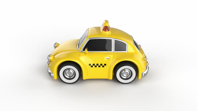 Yellow cartoon taxi on a white background. Funny retro toy car.