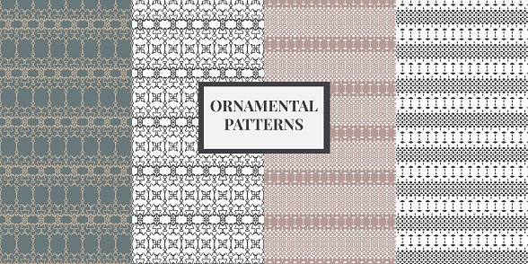 Collection of ornamental vector patterns with serious and elegant shapes. Geometric backgrounds in pastel shades, pinks, greens, greys, greenish blues.