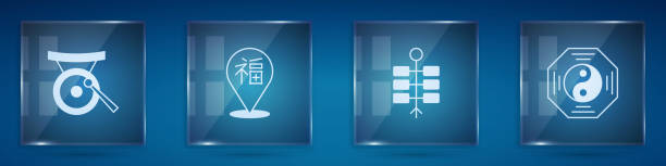 Set Gong musical instrument, Chinese New Year, Firework and Yin Yang symbol. Square glass panels. Vector Set Gong musical instrument Chinese New Year Firework and Yin Yang symbol. Square glass panels. Vector. yin-yang-clip-art stock illustrations