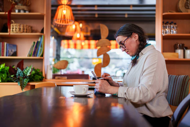 istock Woman working in a coffee shop with mobile devices 2002026421