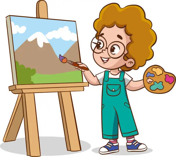 Vector illustration of Cute artist little kids painting on canvas vector illustration