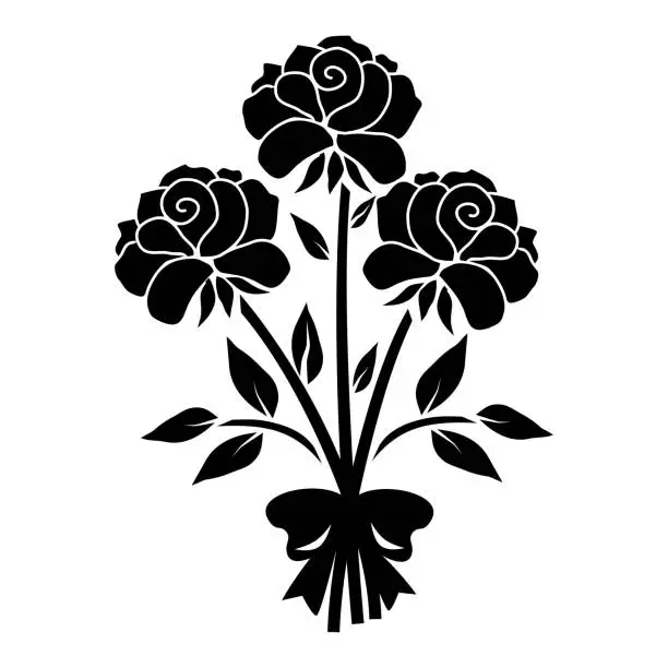 Vector illustration of Bouquet of rose flowers with a bow black stencil, isolated vector illustration in doodle style