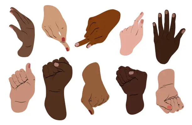 Vector illustration of Set of vectorized illustrations of women's hands with different gestures. Resources with design elements for infographics, advertisements, website, signage, banner.