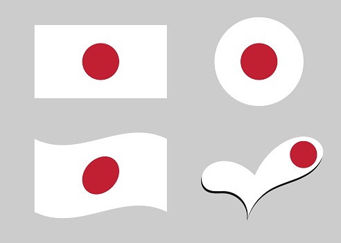 Flag of Japan. Japan flag in heart shape. Japan flag in circle shape. Country flag variations