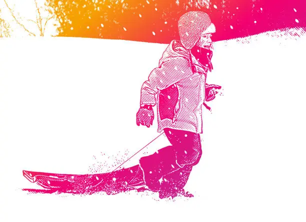 Vector illustration of Happy girl sledding