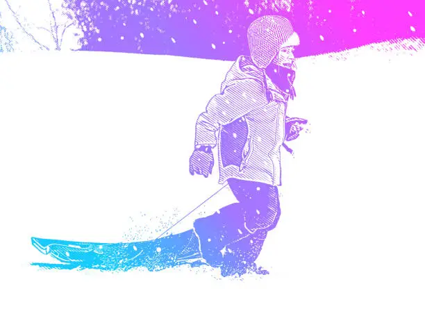 Vector illustration of Happy girl sledding