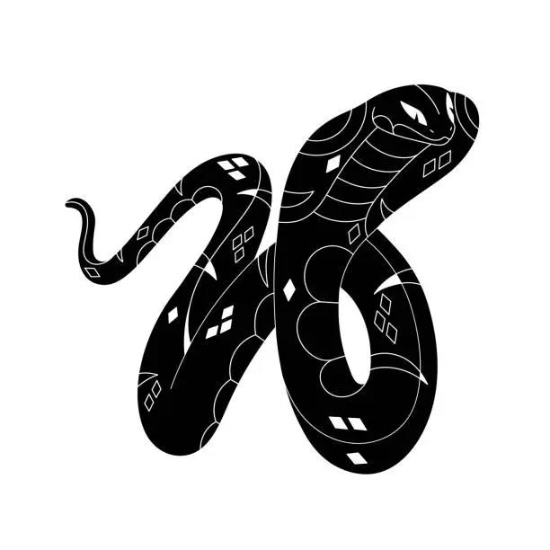 Vector illustration of King cobra silhouette. Black venomous snake with extended hood. Angry serpent in attack, defensive posture. Monochrome patterned viper line art. Flat isolated vector illustration on white background