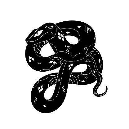 Snake silhouette. Black serpent with patterned skin. Monochrome viper with geometric print on scale. Wild python, cold blooded animal line art. Flat isolated vector illustration on white background.