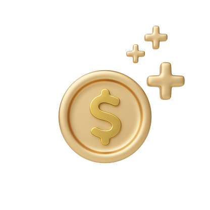 3D financial object. Dollar coin gold and plus sign on white background. Banking transactions money and currency exchange. Business investment success profits. object clipping path. 3D Illustration.