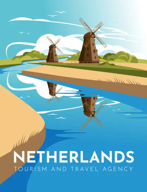Vector illustration of Traditional Netherlands windmills on the river bank. European tourism and travel poster. Vector flat illustration