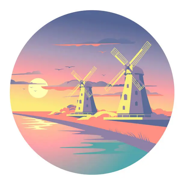 Vector illustration of Traditional Dutch windmills on the river bank at a colorful sunset. European tourism and travel. Vector illustration. Square composition.