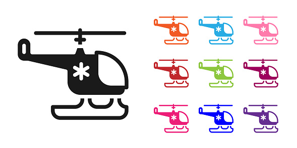 Black Rescue helicopter icon isolated on white background. Ambulance helicopter. Set icons colorful. Vector.