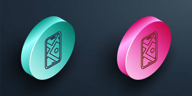 istock Isometric line Infographic of city map navigation icon isolated on black background. Mobile App Interface concept design. Geolacation concept. Turquoise and pink circle button. Vector 2002084875