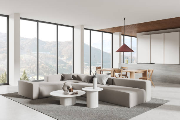 istock Modern home studio interior with relaxing and cooking zone, panoramic window 2002088008