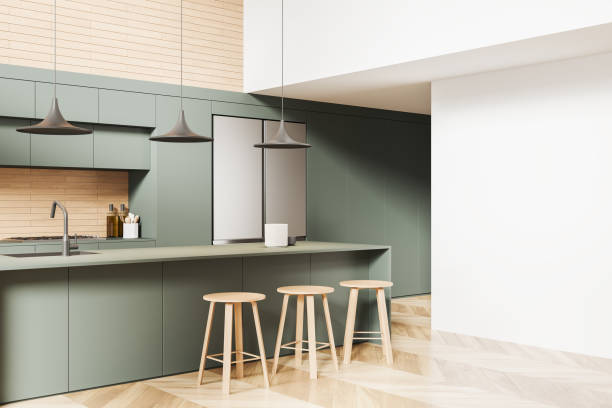 istock Modern kitchen interior with bar island and cabinet with refrigerator 2002093327