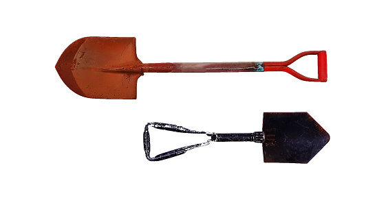 Two rusty hoe, mattock, spade or shovel isolated on white background. object, Decoration, Tool and Equipment for Agriculture and Construction concept.