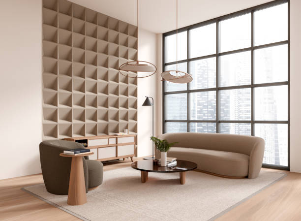 istock Stylish home living room interior with couch and decoration, panoramic window 2002094384