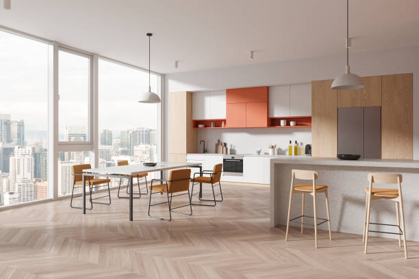 istock Cozy home kitchen interior bar counter and cooking corner, panoramic window 2002098600