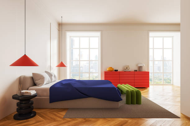 istock Stylish home bedroom interior with bed and decoration, panoramic window 2002104510