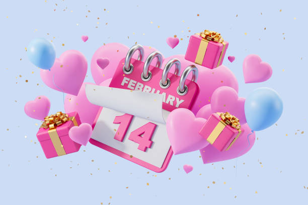 istock February 14 calendar page, hearts and gift boxes with confetti falling 2002107152