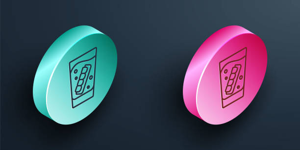 istock Isometric line False jaw in glass icon isolated on black background. Dental jaw or dentures, false teeth with incisors. Turquoise and pink circle button. Vector 2002115017