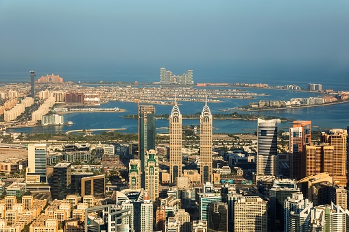 Dubai panorama with palm island aerial view, United Arab Emirates