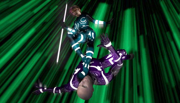 Among the two who fight each other while falling at high speed, the female emerges victorious. A new generation game or movie scene. / You can see the animation movie of this image from my iStock video portfolio. Video number: 1999912733