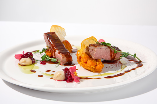Duck fillet with onion marmalade and pumpkin puree, presented on a chic white plate for an upscale culinary experience.