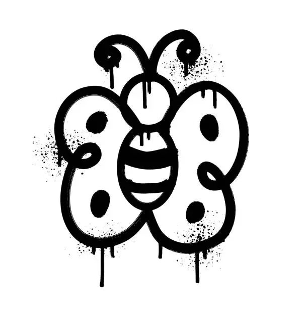 Vector illustration of Cute butterfly graffiti drawing with black airbrush spray paint