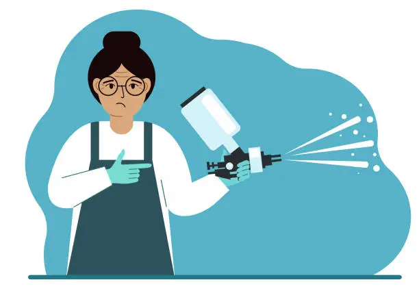 Vector illustration of A woman in a special suit holds a paint spray gun.