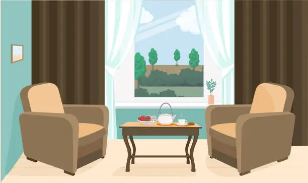 Vector illustration of A room with a window. The view from the window of the room. A living room with two armchairs and a table.