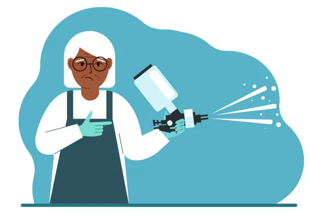 Vector illustration of A woman in a special suit holds a paint spray gun.