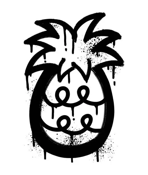 Vector illustration of Funny pineapple graffiti drawing with black airbrush spray paint