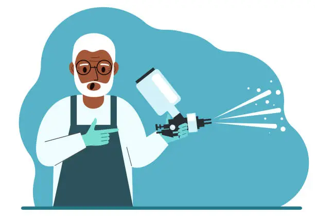 Vector illustration of A man in a special suit holds a paint spray gun.