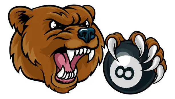 Vector illustration of Bear Angry Pool 8 Ball Billiards Mascot Cartoon