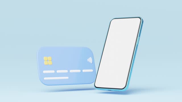 3d Smartphone and credit card floating on blue background. Saving money, Mobile banking, Online payment service. Phone blank white screen for app. Cartoon business. 3d render with Alpha channel.