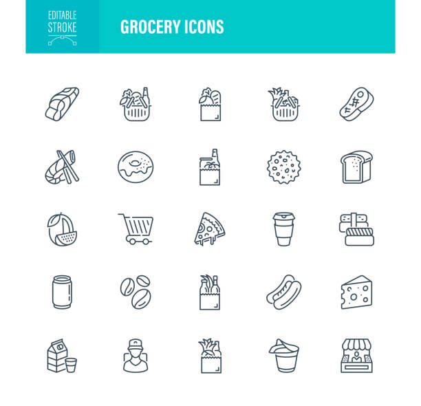 Grossery Icons Grossery icons Icon Set. Editable Stroke. For Mobile and Web. Contains such icons as Agriculture, Cabbage, Pizza, Sea Food, Salmon, Coffee, Delivery mustard fruits stock illustrations