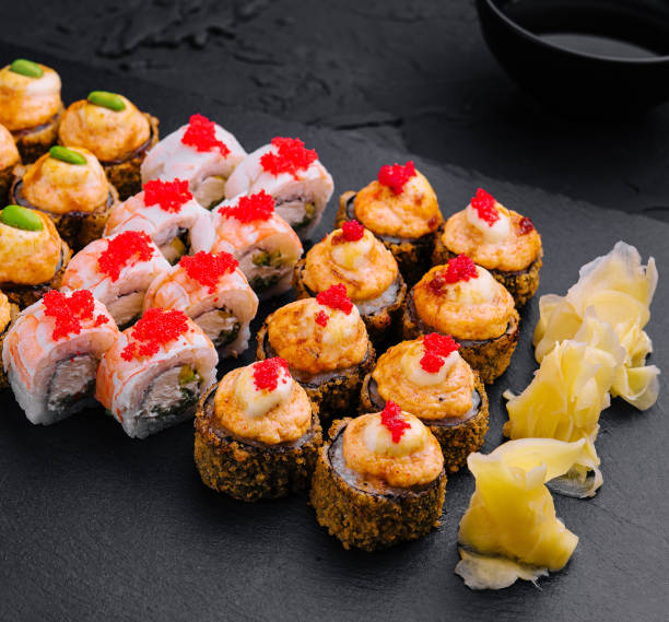 istock tempura shrimp sushi roll top view 2002192175