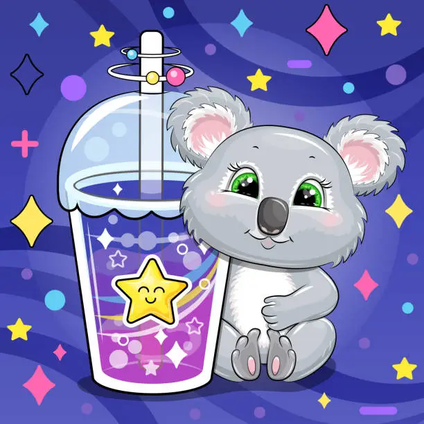 Vector illustration of A cute cartoon koala is holding a big drink.